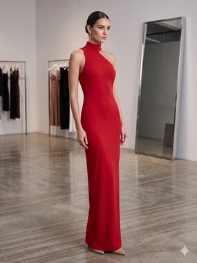 Abyss By Abby Red One-Shoulder High-Neck Maxi Dress